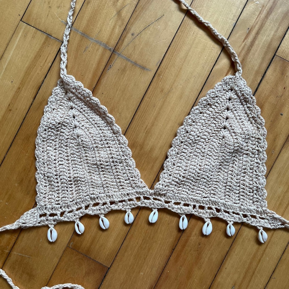 Handmade Crochet Shell Bikini Top Beaded Tan Halter Boho Beach Festival S M